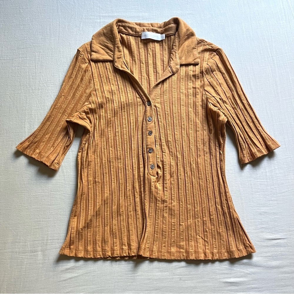 Jonathan Simkhai gold mustard yellow rib knit short sleeve polo top